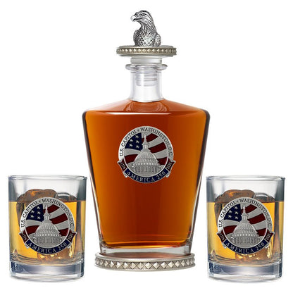 America's 250th Anniversary Capitol Dome Royal Decanter w/ Eagle Head 3D Top-Diamond Accents & 2 Glasses