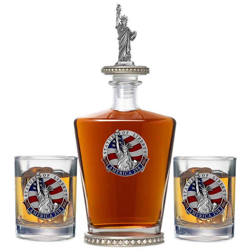 America's 250th Anniversary Statue of Liberty Royal Decanter w/ 3D Top-Diamond Accents & 2 Glasses