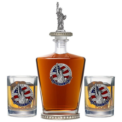 America's 250th Anniversary Statue of Liberty Royal Decanter w/ 3D Top-Diamond Accents & 2 Glasses