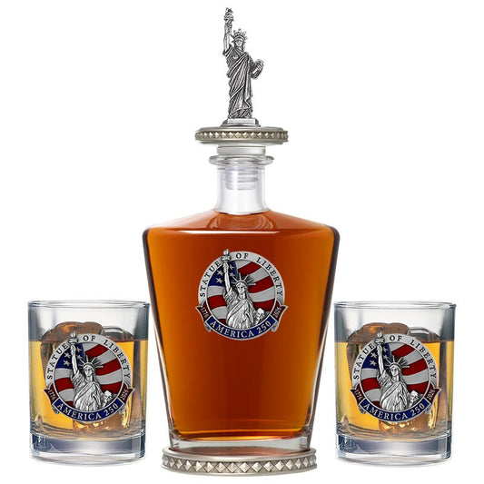 America's 250th Anniversary Statue of Liberty Royal Decanter w/ 3D Top-Diamond Accents & 2 Glasses