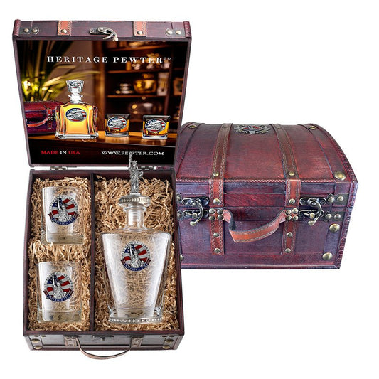 America's 250th Anniversary Statue of Liberty Royal Decanter w/ 3D Top-Diamond Accents and 2 Glasses with Chest Box