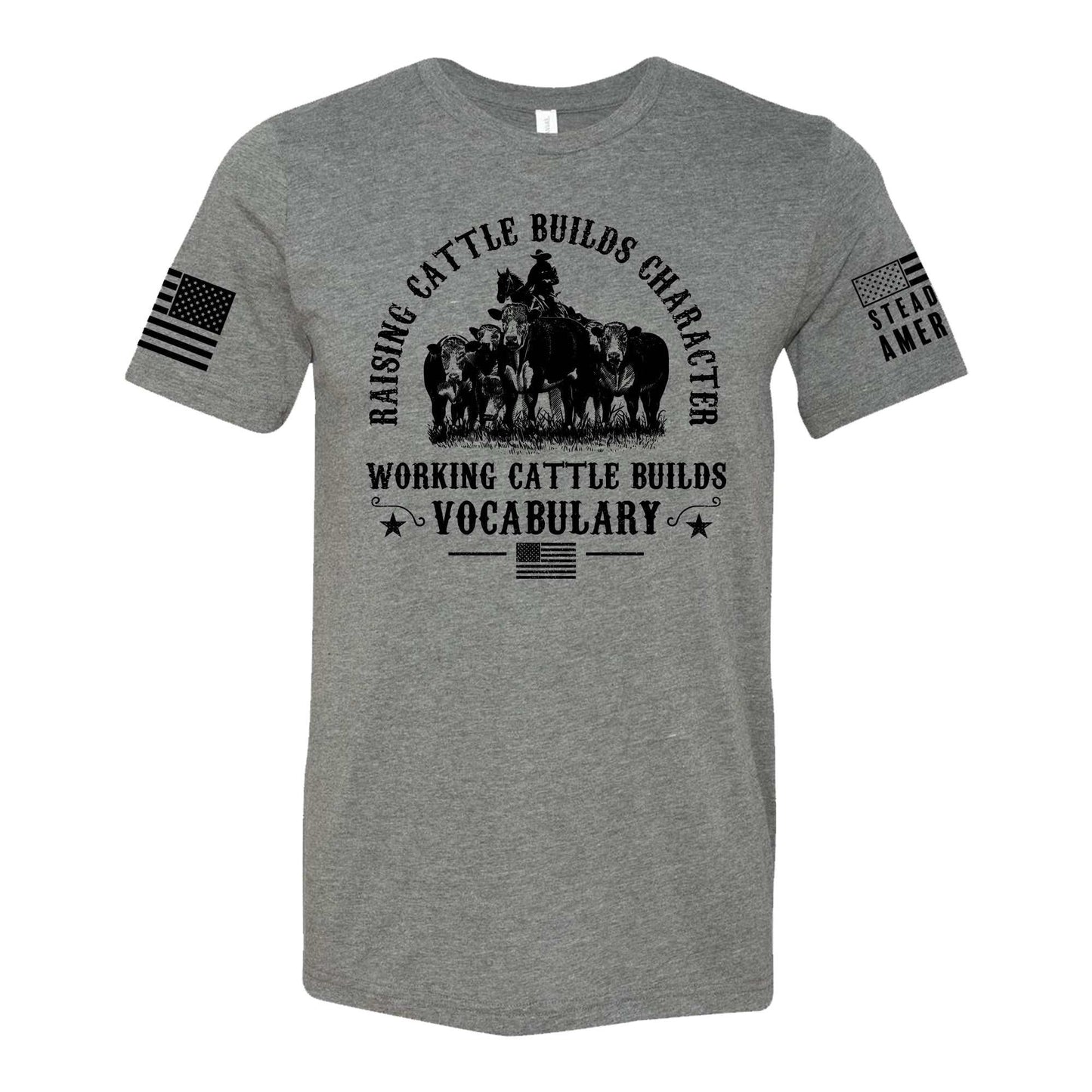 Working Cattle Builds Vocabulary Funny Rancher T-Shirt – Western Farm Life Graphic Tee – Heather Brown & Dusty Blue Unisex