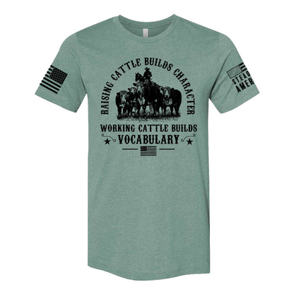 Working Cattle Builds Vocabulary Funny Rancher T-Shirt – Western Farm Life Graphic Tee – Heather Brown & Dusty Blue Unisex