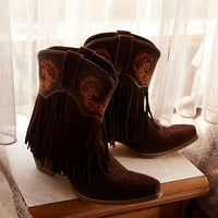 Phoenix Rising Fringe Western Booties in Tawny Brown