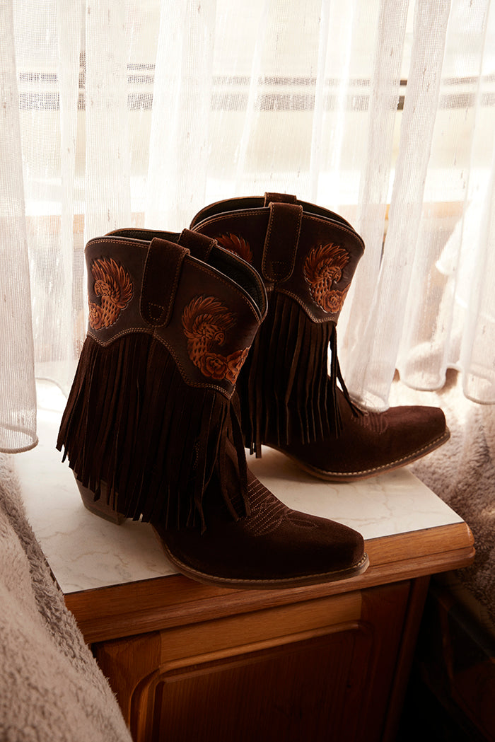 Phoenix Rising Fringe Western Booties in Tawny Brown
