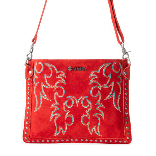 Myra Texas Rose Embroidered Leather Sling Bag for Women â€“ Suede Finish with Silver Studded Detail