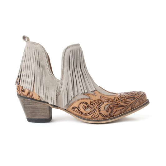 Myra Cimarron Belle Fringed Handtooled Leather Booties in Wild Tan