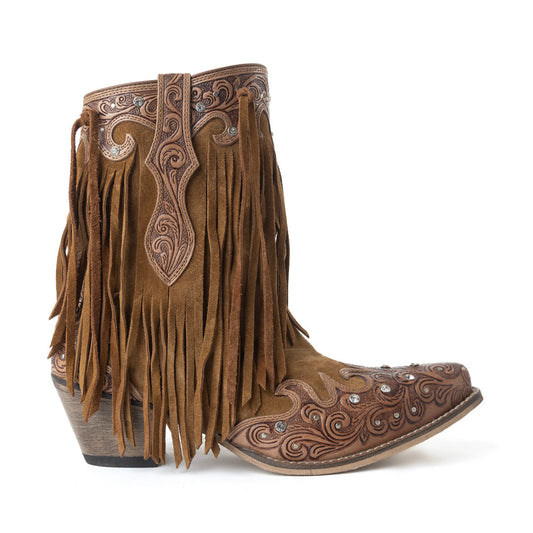 Myra Goldrush Gleam Fringed Handtooled Leather Boots in Dusty Oak