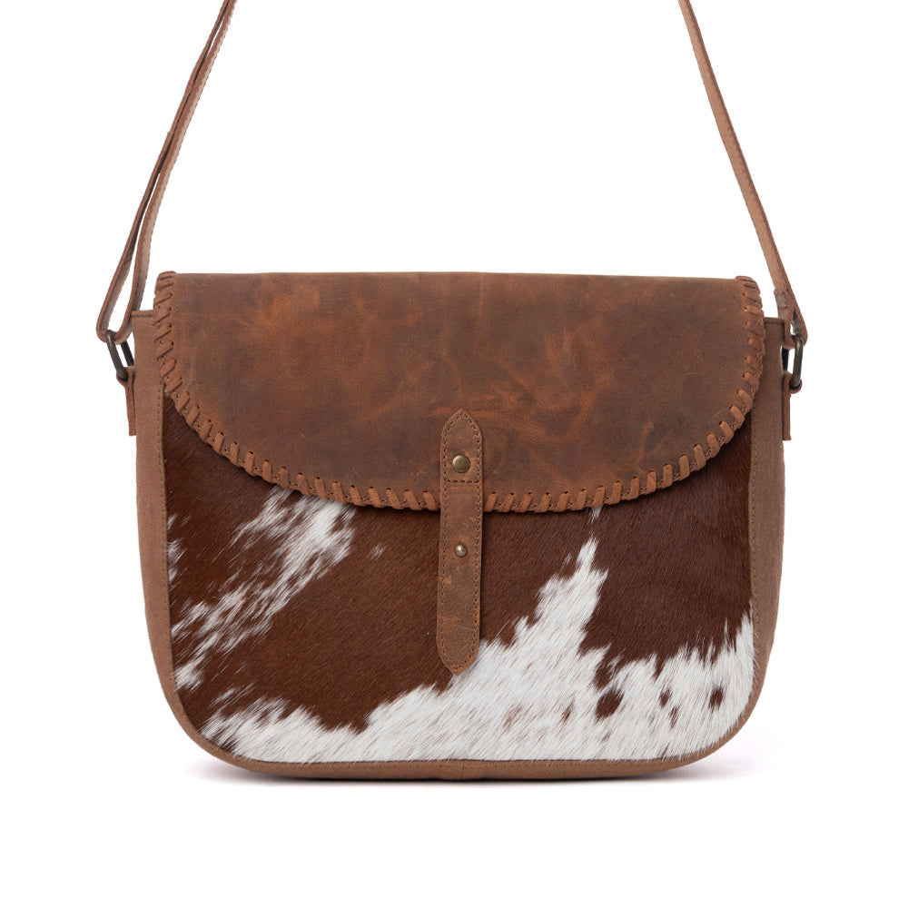 Myra Honey Field Hairon Leather Messenger Bag in Sable Mist