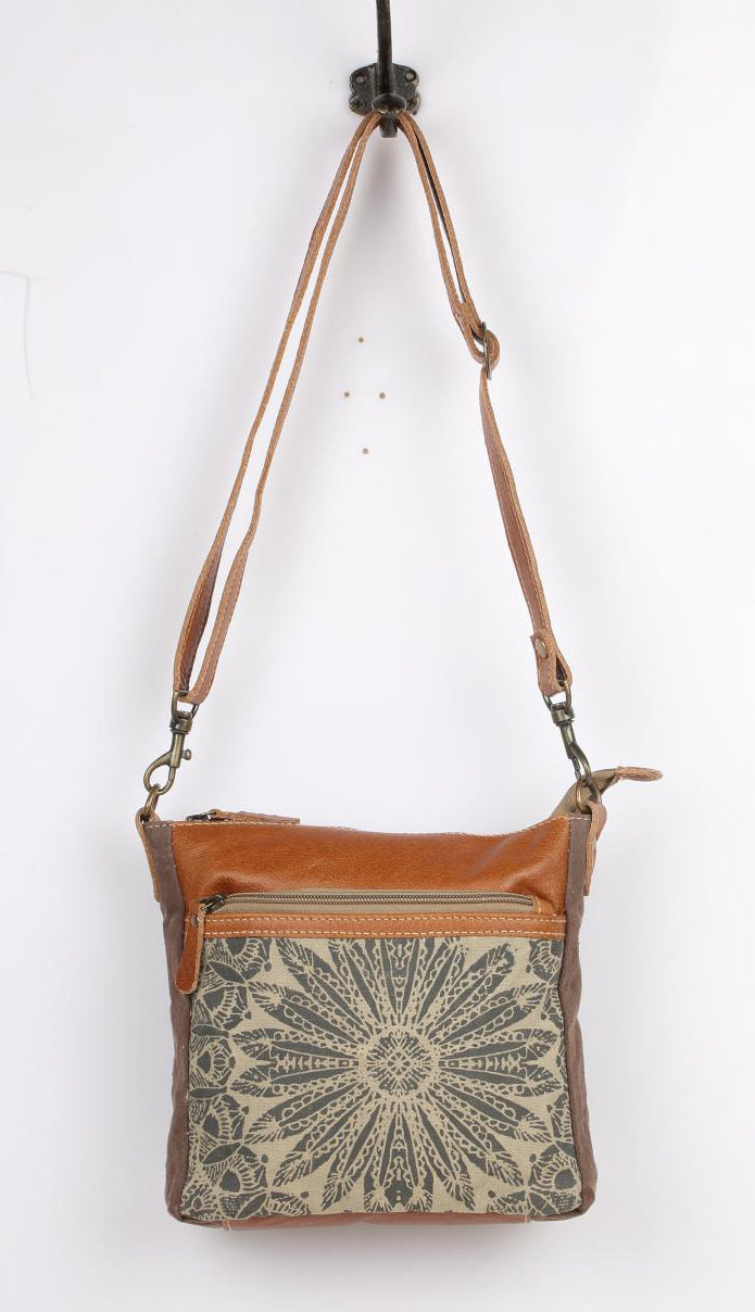 Myra Dizzy Circle Leather Shoulder Bag for Women â€“ Sunburst Floral Print, Adjustable Strap, Rustic Everyday Companion