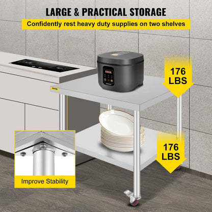 VEVOR Stainless Steel Kitchen Prep Table With 4 Caster Wheels & Backsplash Loads Up to 100KG-300KG for Home Storage Rack Dining