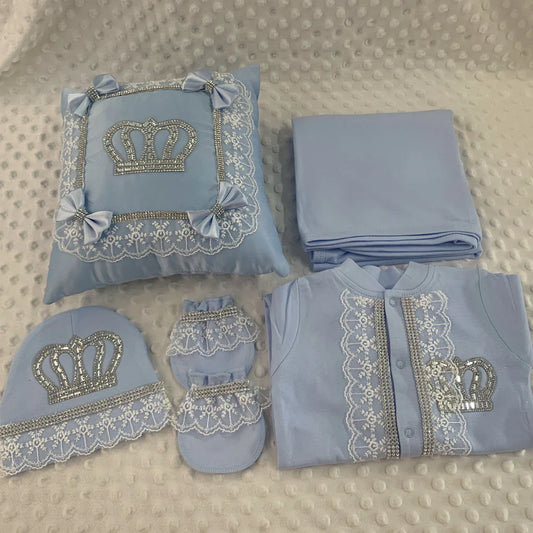 5pcs Baby Girl Outfits Set Welcome Home Hosptial Infant Receiving Blanket Pillow Bed Hat Mittens Romper Set