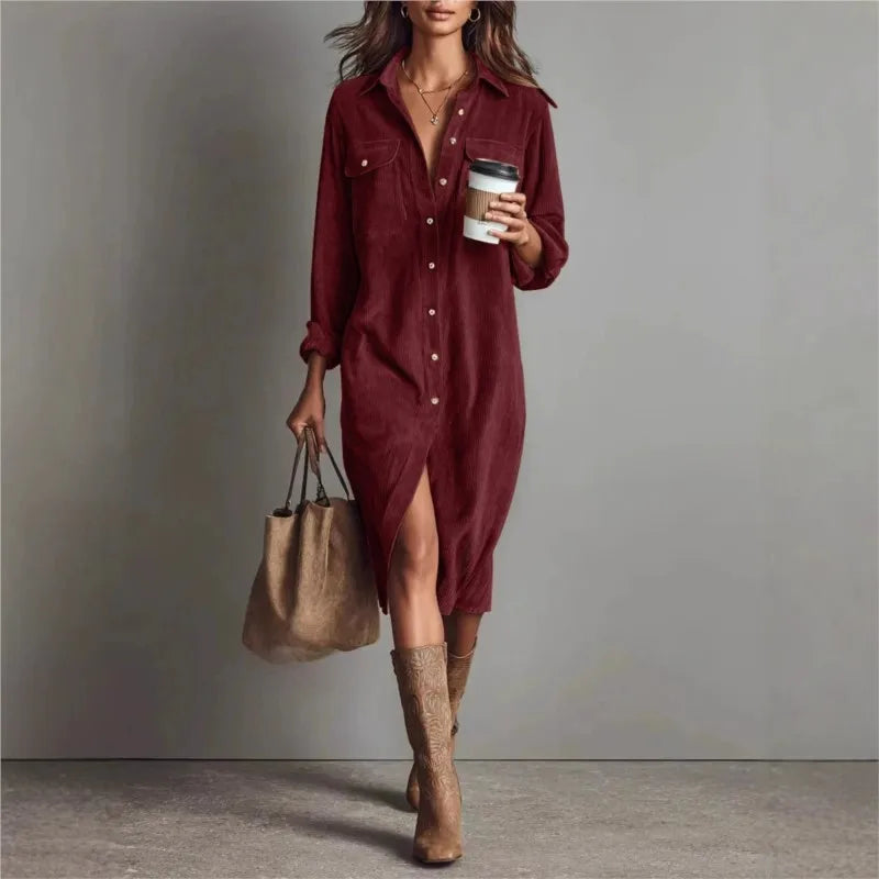 Corduroy Maxi Shirt Dress - Long Sleeve Lapel
