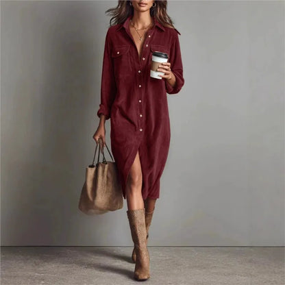 Corduroy Maxi Shirt Dress - Long Sleeve Lapel