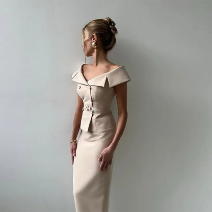 Double-Breasted Midi Skirt Suit - 2-Piece Set