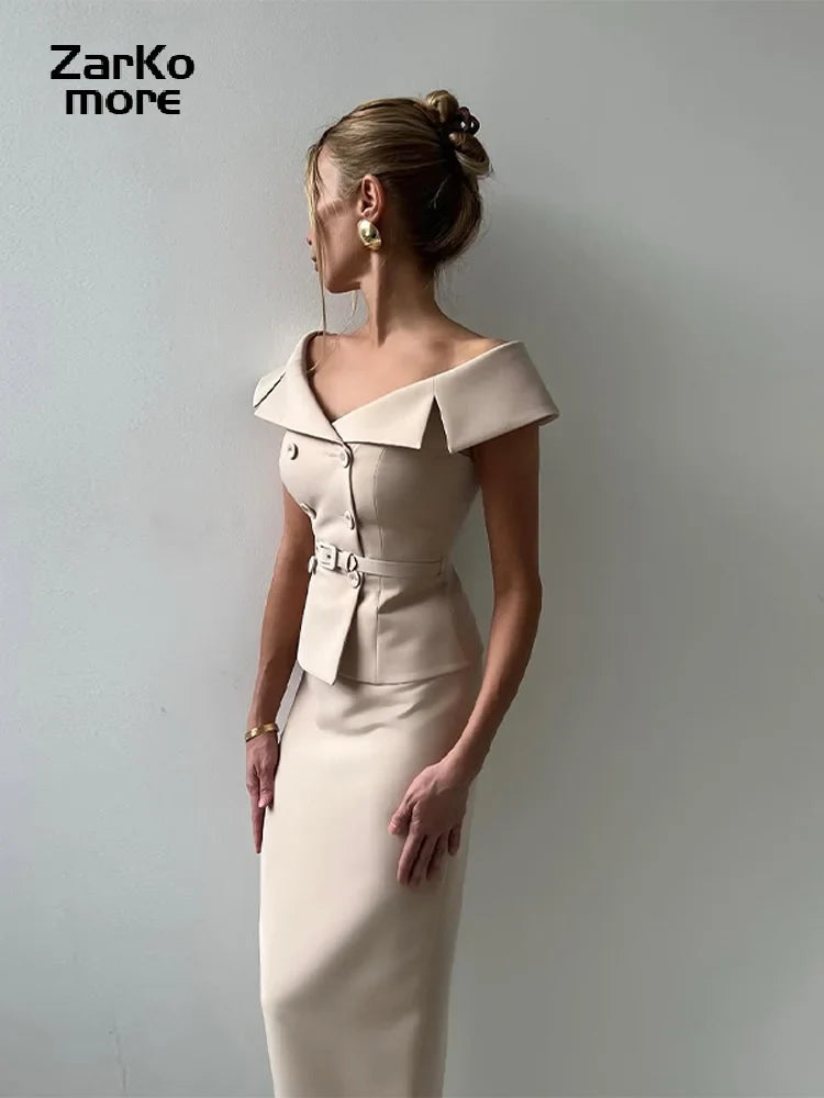 Double-Breasted Midi Skirt Suit - 2-Piece Set