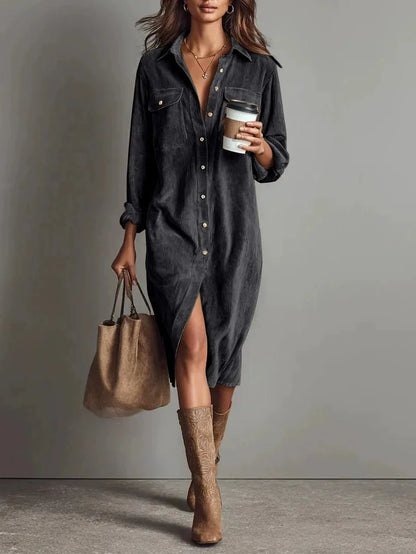 Corduroy Maxi Shirt Dress - Long Sleeve Lapel