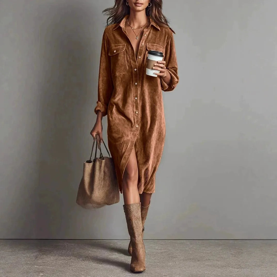 Corduroy Maxi Shirt Dress - Long Sleeve Lapel