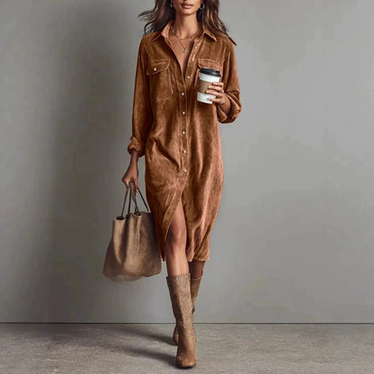 Corduroy Maxi Shirt Dress - Long Sleeve Lapel