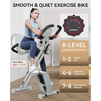 2023 Foldable Fitness Stationary Bike Indoor Cycling Bike 8-Level Adjustable Resistance Bottle Holder & Back Support Cushion