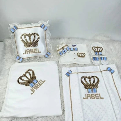 5pcs Baby Girl Outfits Set Welcome Home Hosptial Infant Receiving Blanket Pillow Bed Hat Mittens Romper Set