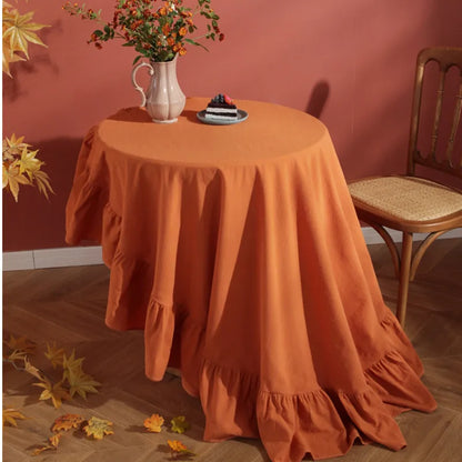 French Romantic Simple Ruffle Tablecloth Cotton Linen Table Cover American Round Tea Table Literary Retro Party Decoration
