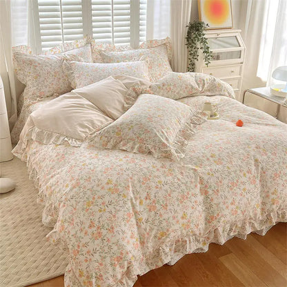 Bonenjoy Pink Color Duvet Cover with Ruffles 100%Cotton Flower Printed housse de couette for Girls Pure Cotton Bed Cover King
