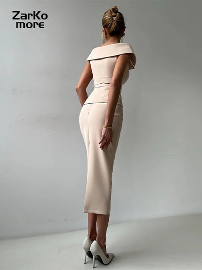 Double-Breasted Midi Skirt Suit - 2-Piece Set