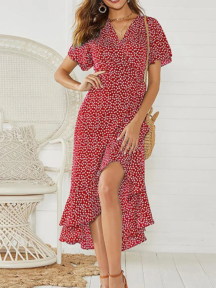 Floral Print Maxi Dress - Boho Chiffon Beach Dress with Split