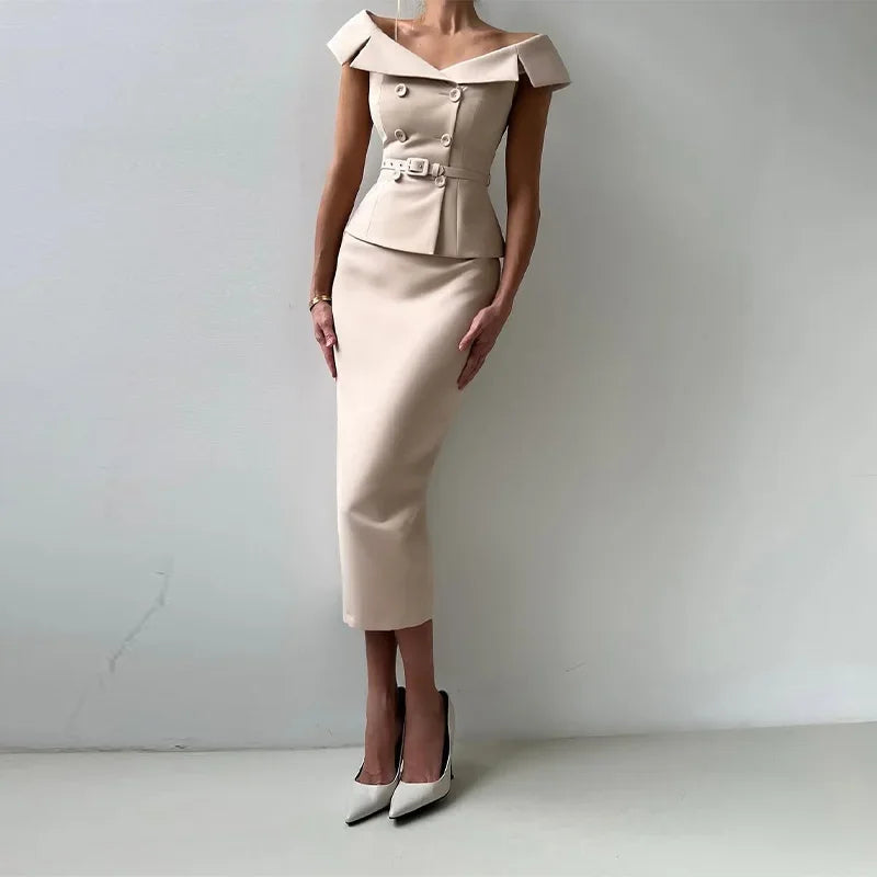 Double-Breasted Midi Skirt Suit - 2-Piece Set
