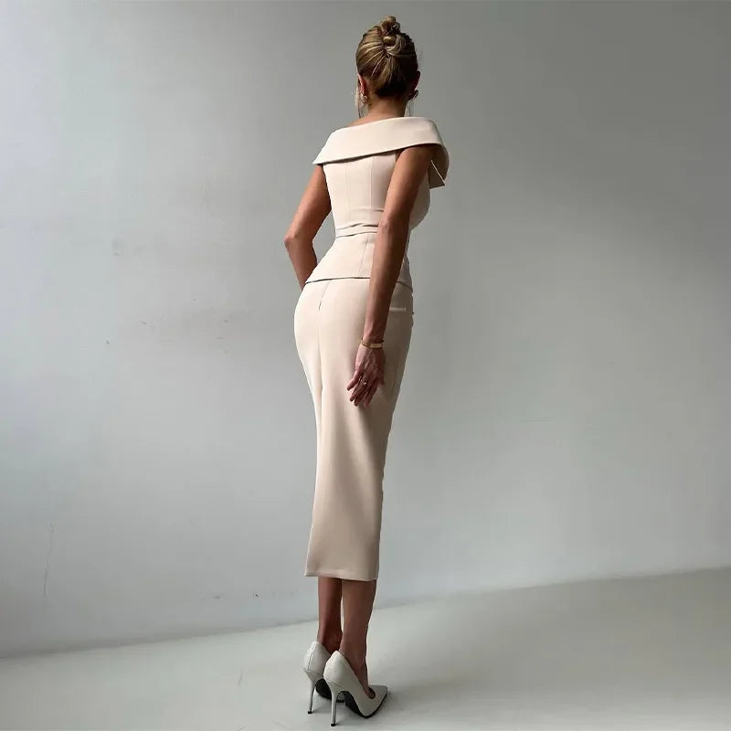 Double-Breasted Midi Skirt Suit - 2-Piece Set