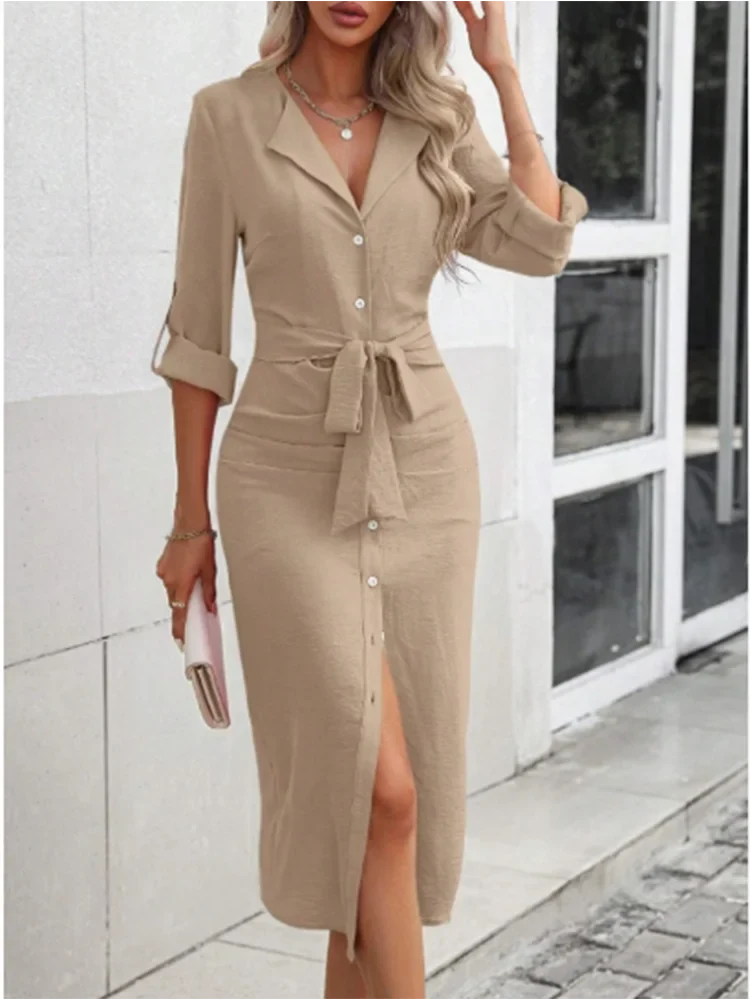 V-Neck Long Sleeve Button-Up Maxi Shirt Dress