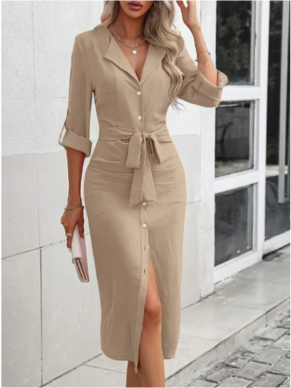 V-Neck Long Sleeve Button-Up Maxi Shirt Dress