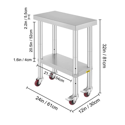 VEVOR Stainless Steel Kitchen Prep Table With 4 Caster Wheels & Backsplash Loads Up to 100KG-300KG for Home Storage Rack Dining