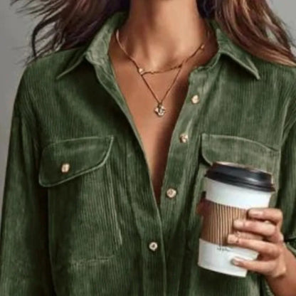 Corduroy Maxi Shirt Dress - Long Sleeve Lapel