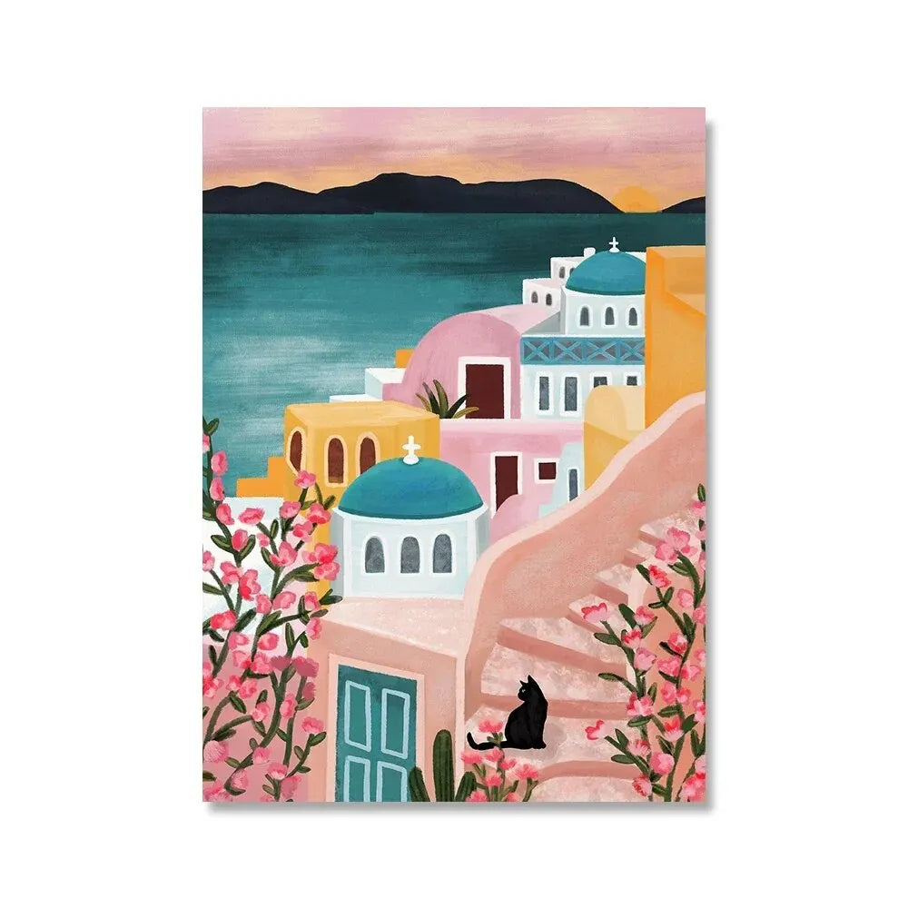 Flower and Plant Travel Greek Wall Art Poster Ocean Beach Canvas Painting Nordic Living Room Home Decoration Wall Painting