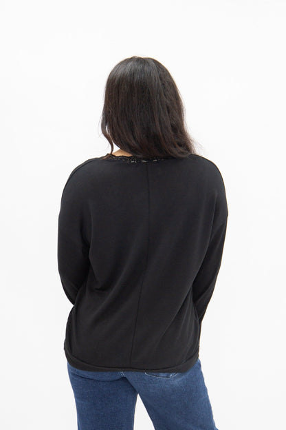 V-Neck Top with Lace Trim, Black