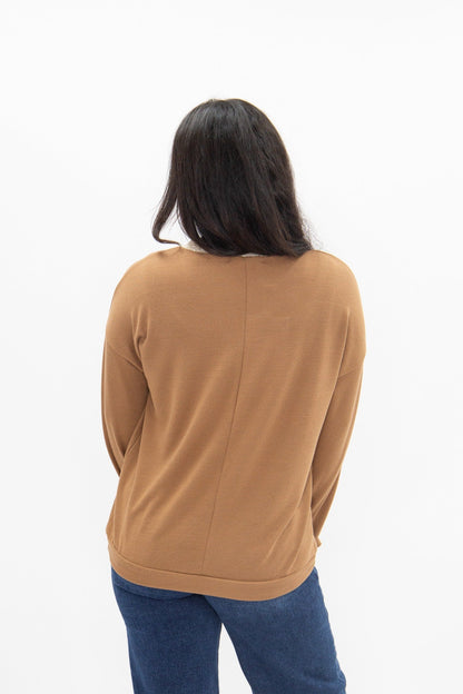 V-Neck Top with Lace Trim, Brown