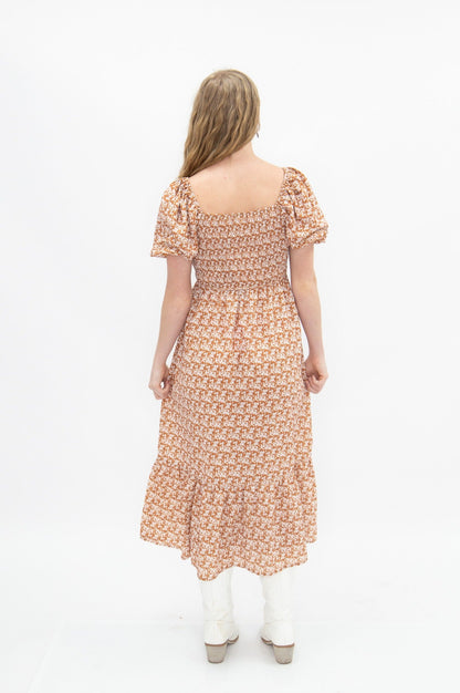 Puff Sleeve Midi Dress, Rust Floral