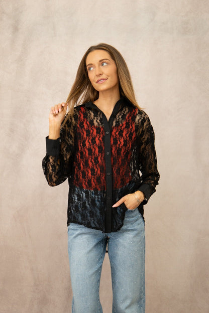 Kathryn Classic Button-Up, Black Lace
