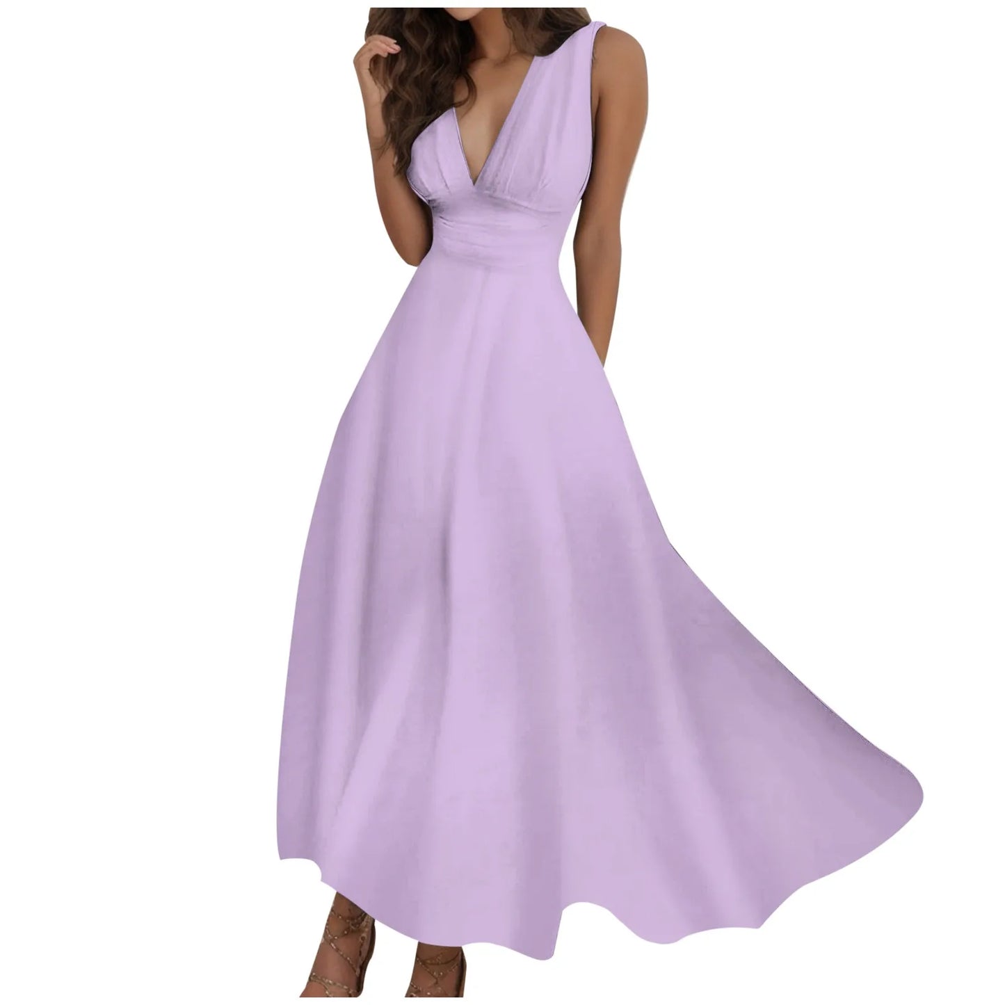 V-Neck Sundress - Sleeveless Long Dress with Side Zipper