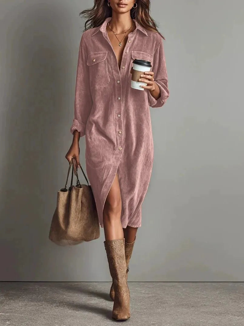 Corduroy Maxi Shirt Dress - Long Sleeve Lapel