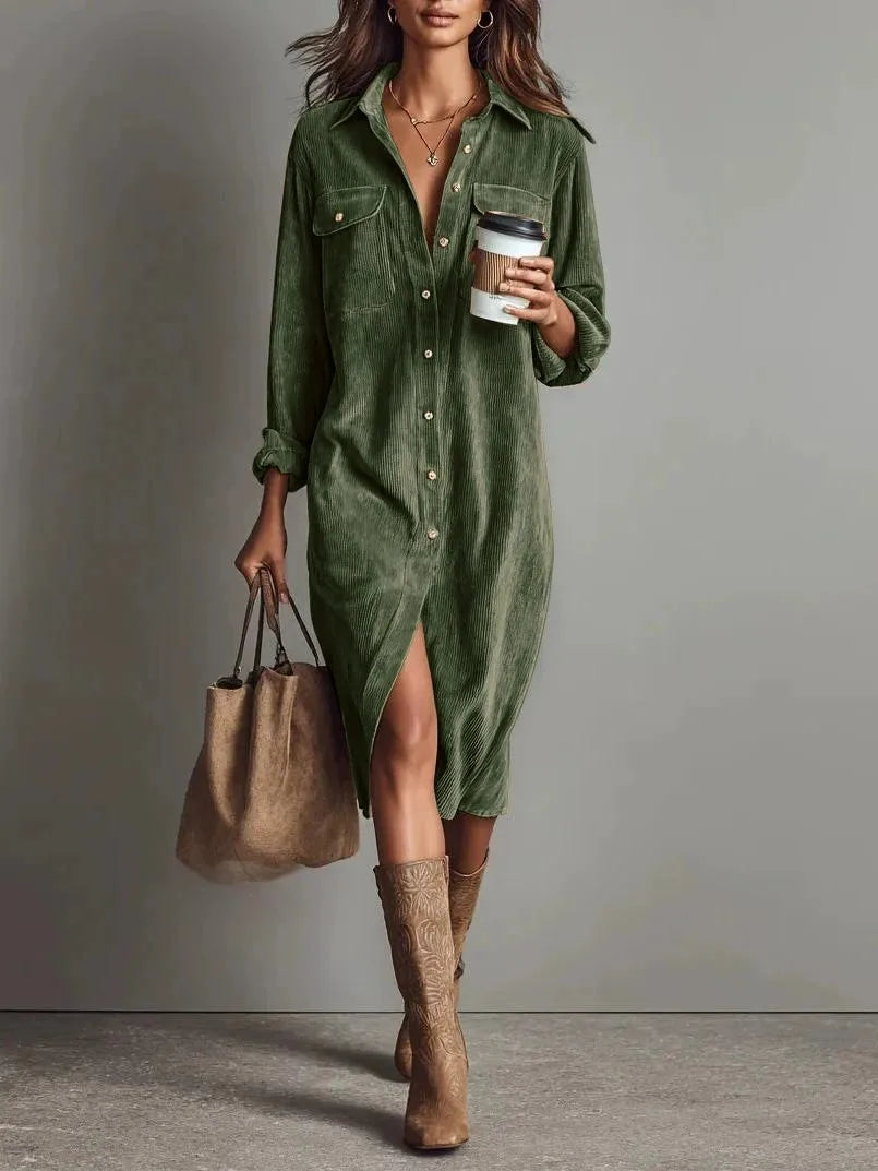 Corduroy Maxi Shirt Dress - Long Sleeve Lapel