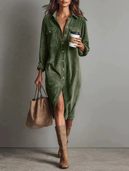 Corduroy Maxi Shirt Dress - Long Sleeve Lapel