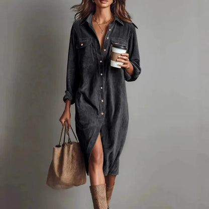 Corduroy Maxi Shirt Dress - Long Sleeve Lapel