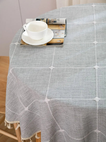 Solid Embroidery Lattice Tablecloth Cotton Linen Dust-Proof Checkered Table Cover for Kitchen Dinning Tabletop Decoration