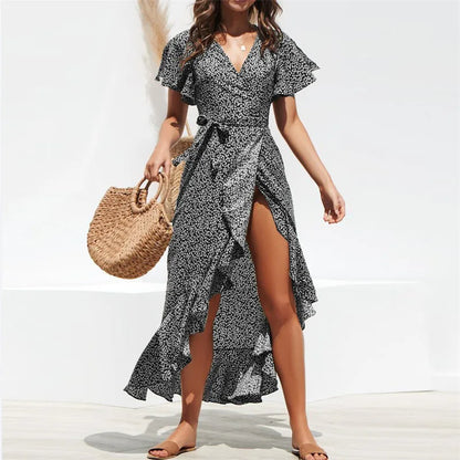 Floral Print Maxi Dress - Boho Chiffon Beach Dress with Split