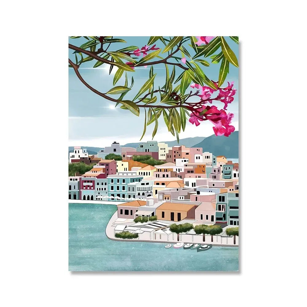 Flower and Plant Travel Greek Wall Art Poster Ocean Beach Canvas Painting Nordic Living Room Home Decoration Wall Painting