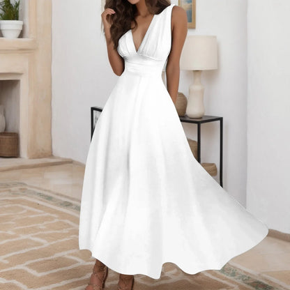 V-Neck Sundress - Sleeveless Long Dress with Side Zipper