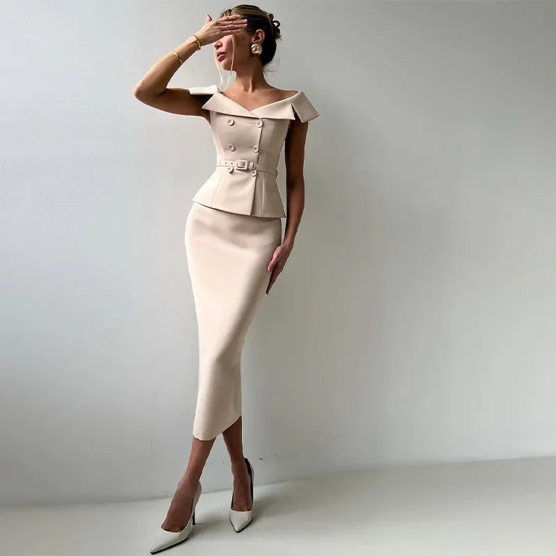 Double-Breasted Midi Skirt Suit - 2-Piece Set